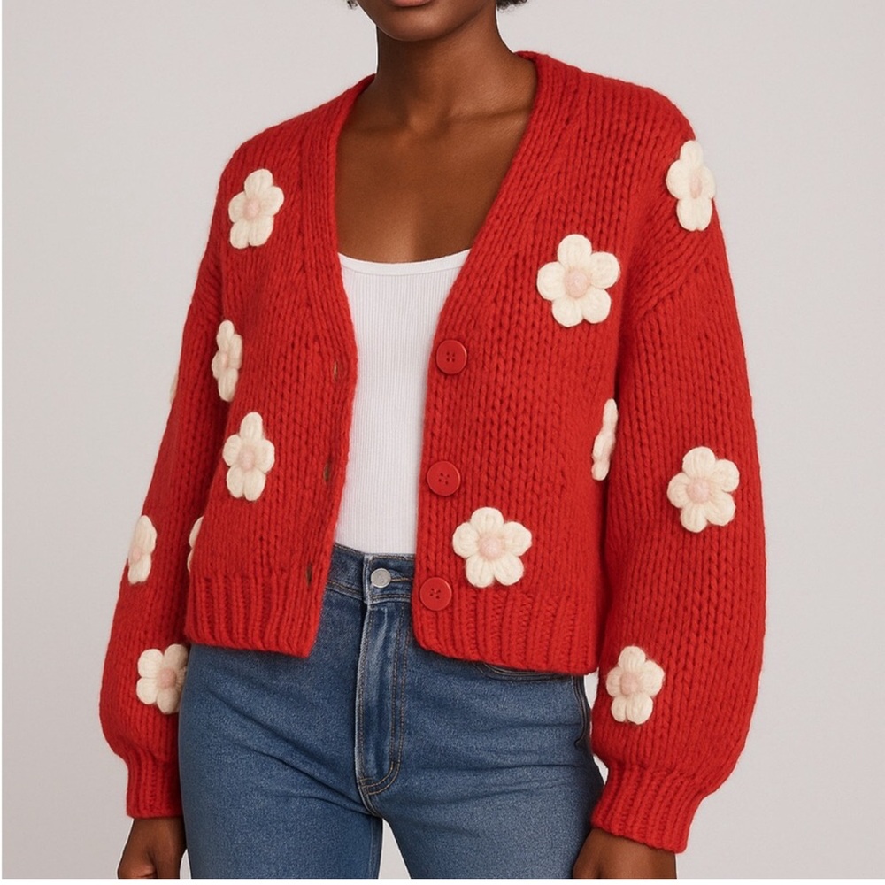 Luna Ivy 3D Flower Red Chunky Knit Boho Cardigan Sweater